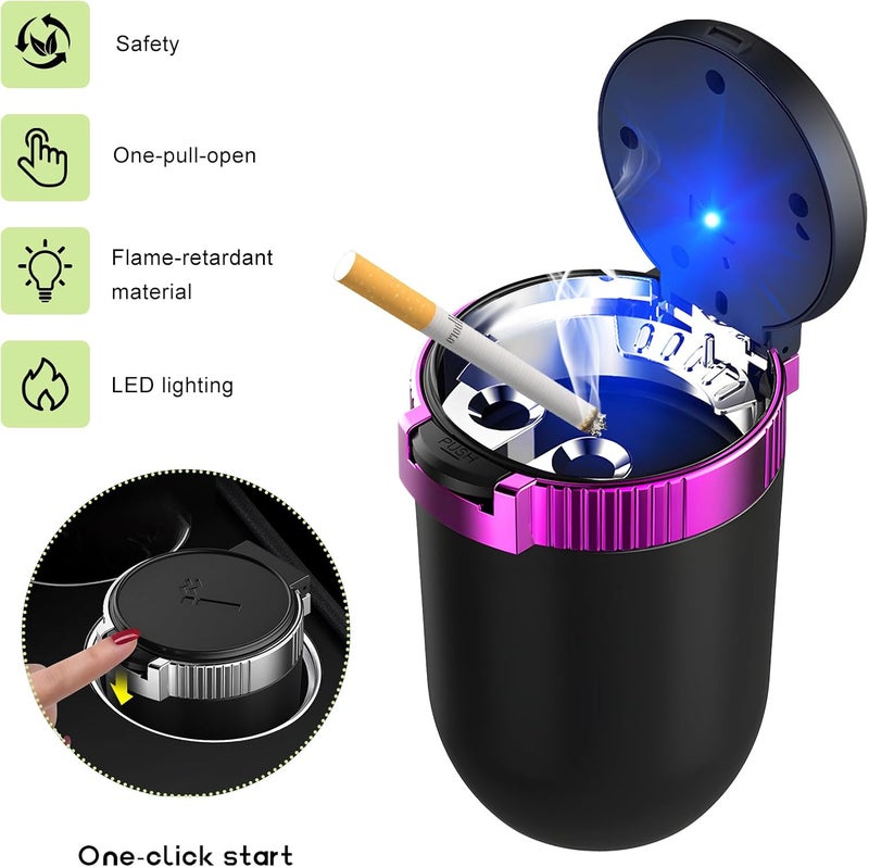 MUQIDA Car Ashtray with Lid, Auto Portable Stainless Steel Smokeless Ash Tray with LED Light, Detachable Windproof Ashtray Mini Trash Can for Most Car Cup Holder Home Office (Purple) - Image 3